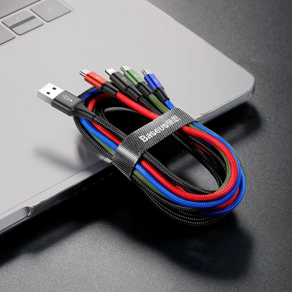 Baseus 4in1 USB kabel: 2x Lightning, USB-C, micro USB, nylonflätad 3,5A, 1,2m, svart (CA1T4-A01), bild 2