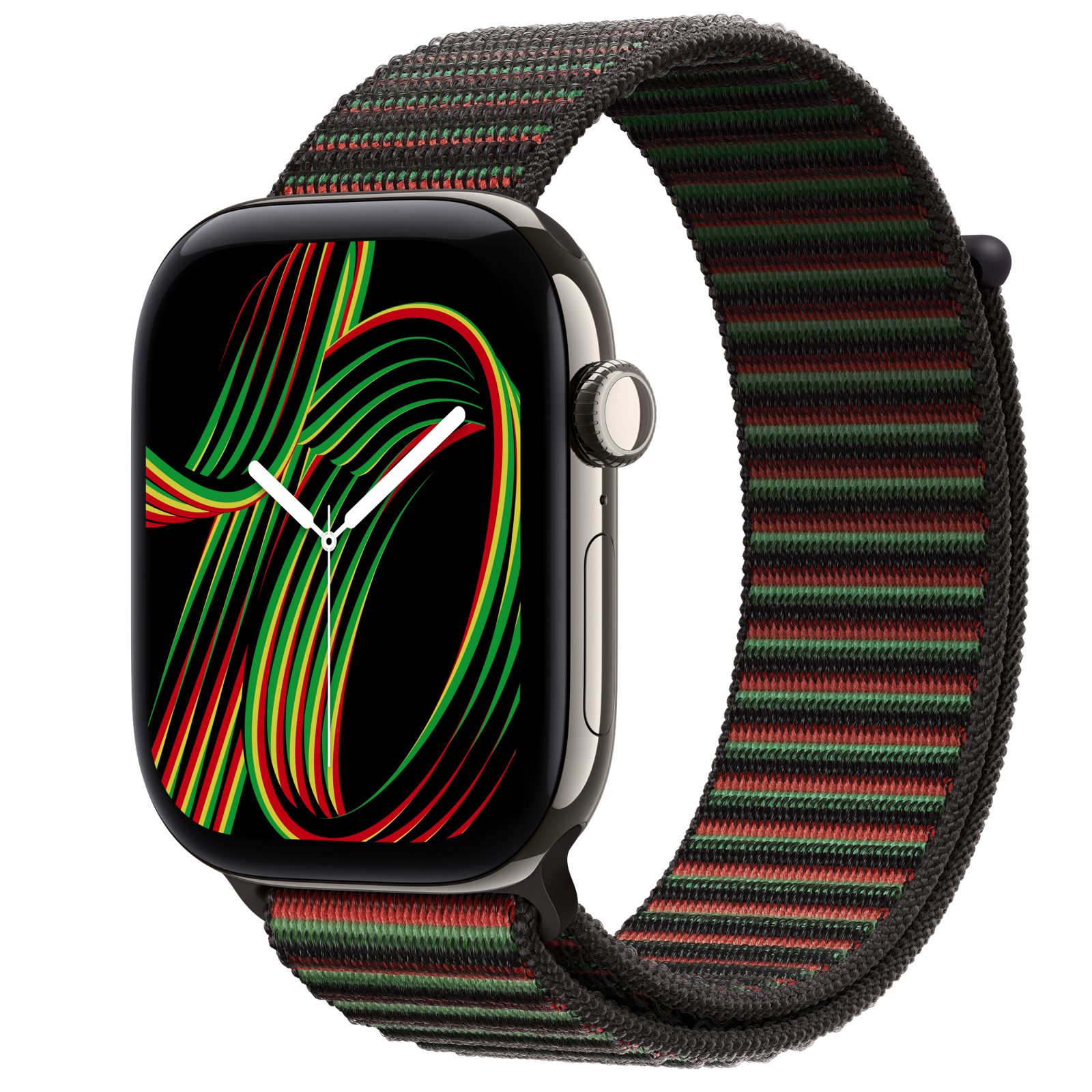 Apple Watch Series 12 (GPS + Cellular) • Titanboett naturlig, 46 mm • Sportloop Black Unity – Unity Rhythm