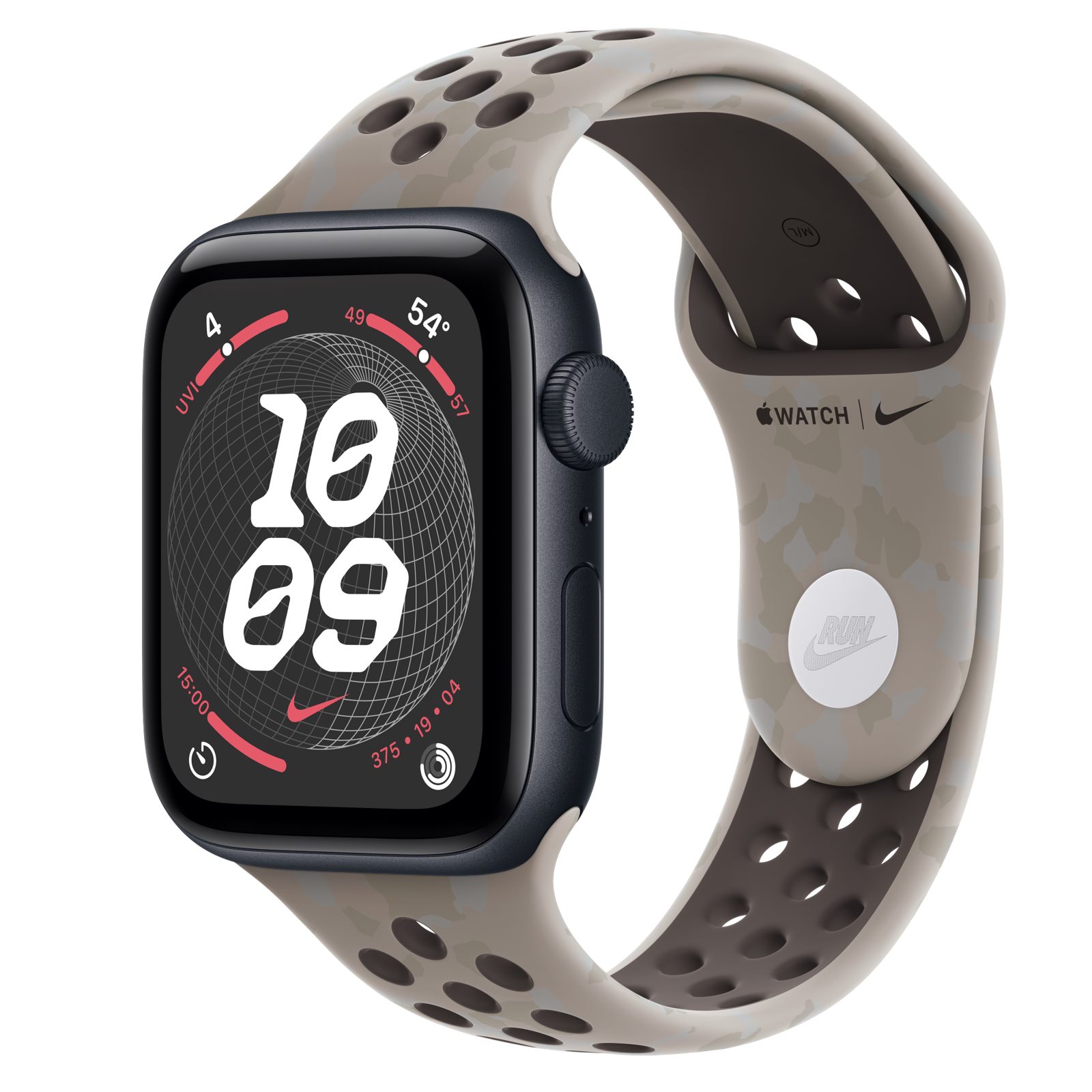 Apple Watch SE 3 (GPS) • Aluminiumboett midnatt, 44 mm • Nike-sportband i Pavement Grey