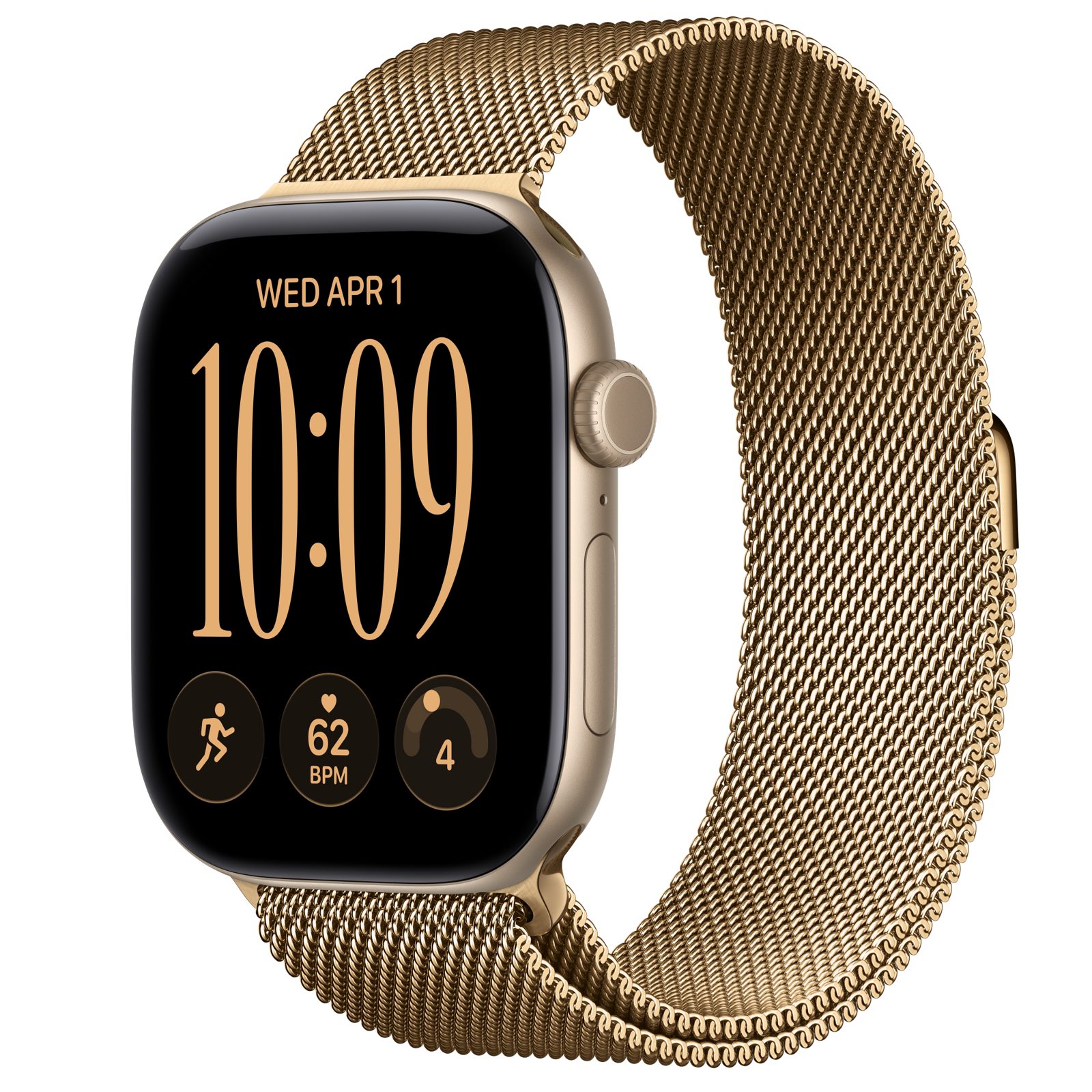 Apple Watch Series 12 (GPS) • Aluminiumboett ljust guld, 46 mm • Milanesisk loop skinande guld