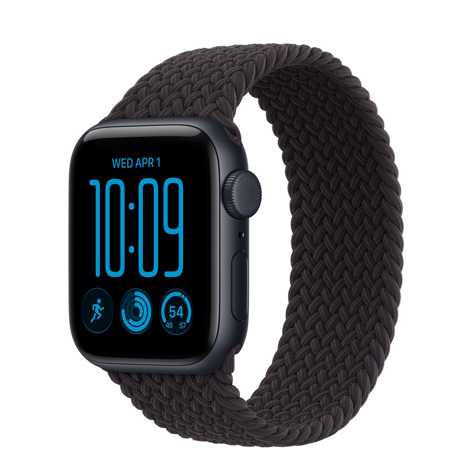 Apple Watch SE 3 (GPS + Cellular) • Aluminiumboett midnatt, 40 mm • Flätad sololoop svart