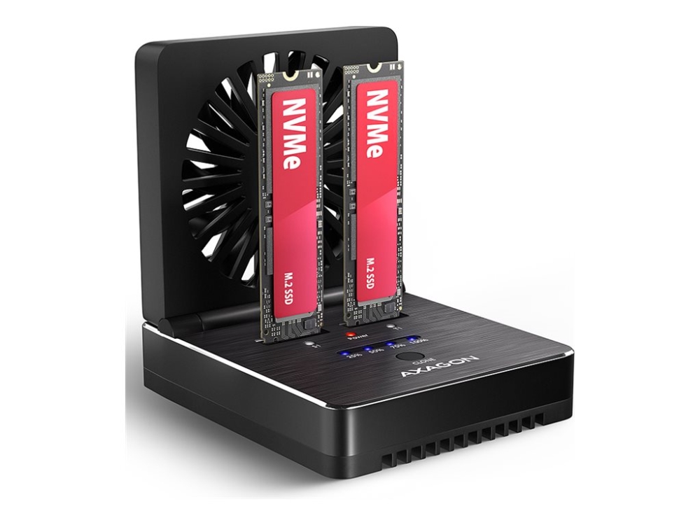 „Axagon" lagringsenhet „AXAGON USB-C 20 Gb/s", avsedd för 2 × M.2 NVMe/SATA SSD-diskar med kloningsfunktion