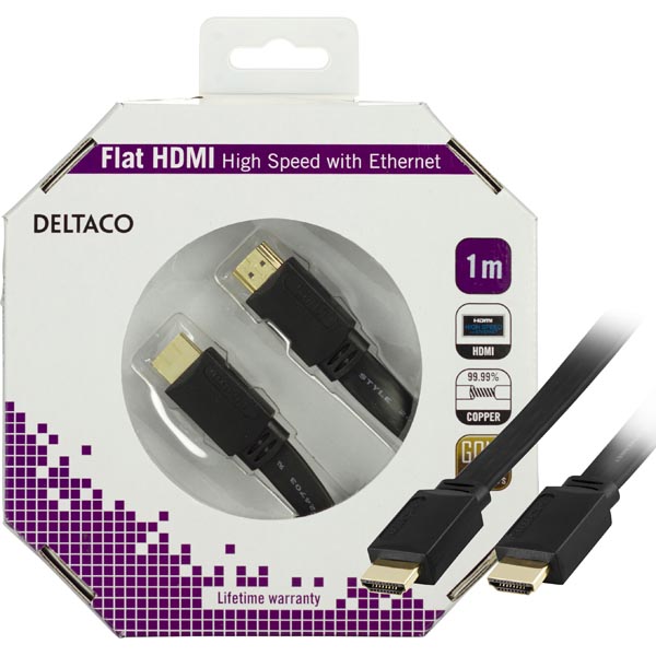 HDMI-kabel, 4K/3D, flat, 1 meter - Svart, bild 3