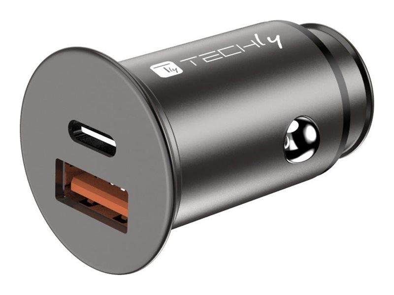 TECHly - Strömadapter för bil - 38 Watt - 3 A - Fast Charge 3.0 - 2 utdatakontakter (USB, 24 pin USB-C) - svart