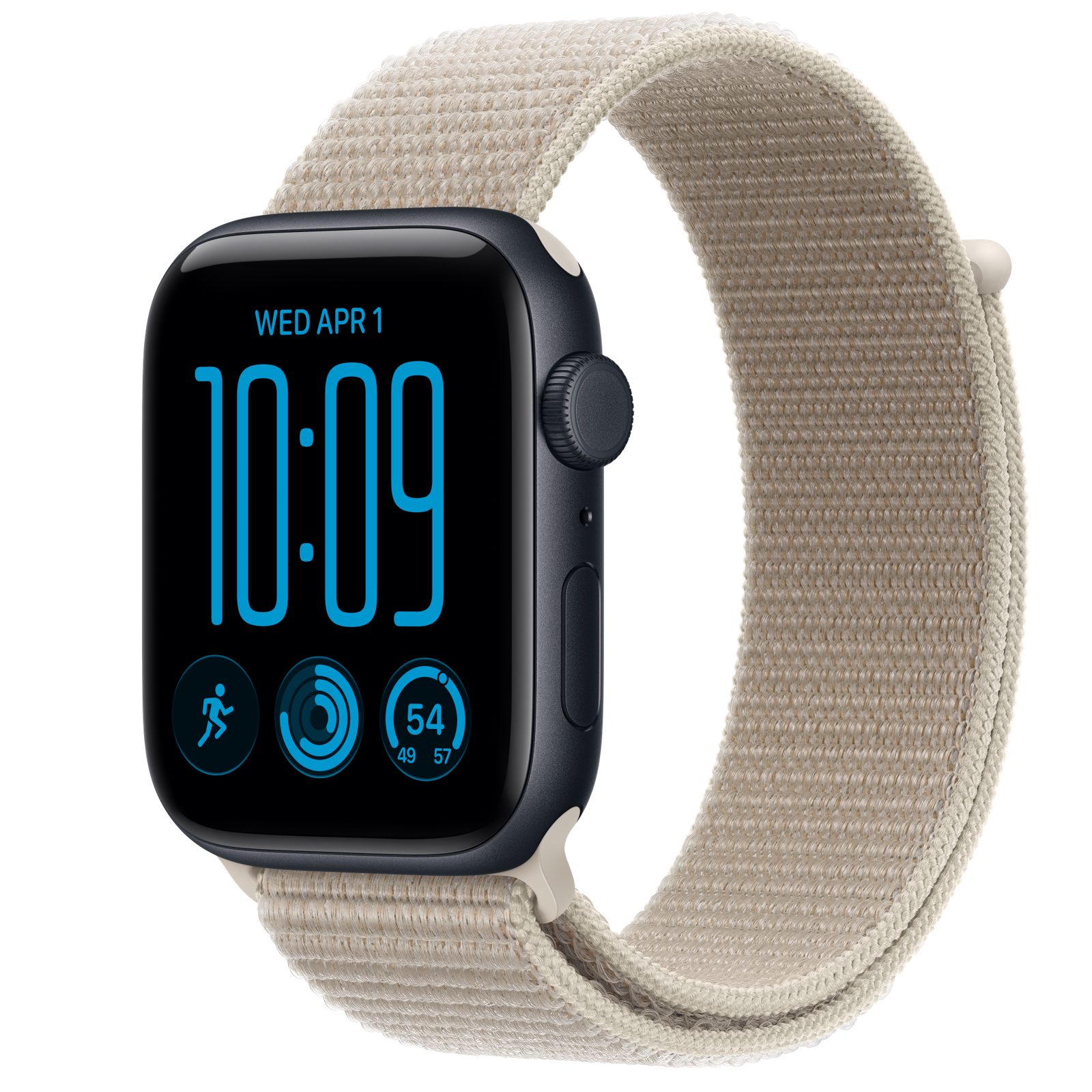 Apple Watch SE 3 (GPS + Cellular) • Aluminiumboett midnatt, 44 mm • Sportloop kalksten