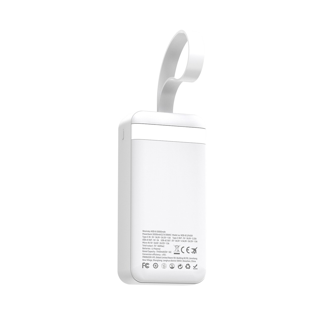 Wozinsky W8-W 30 000 mAh 30 W powerbank med 2 USB-A- och USB-C-portar samt ficklampa – vit, bild 4