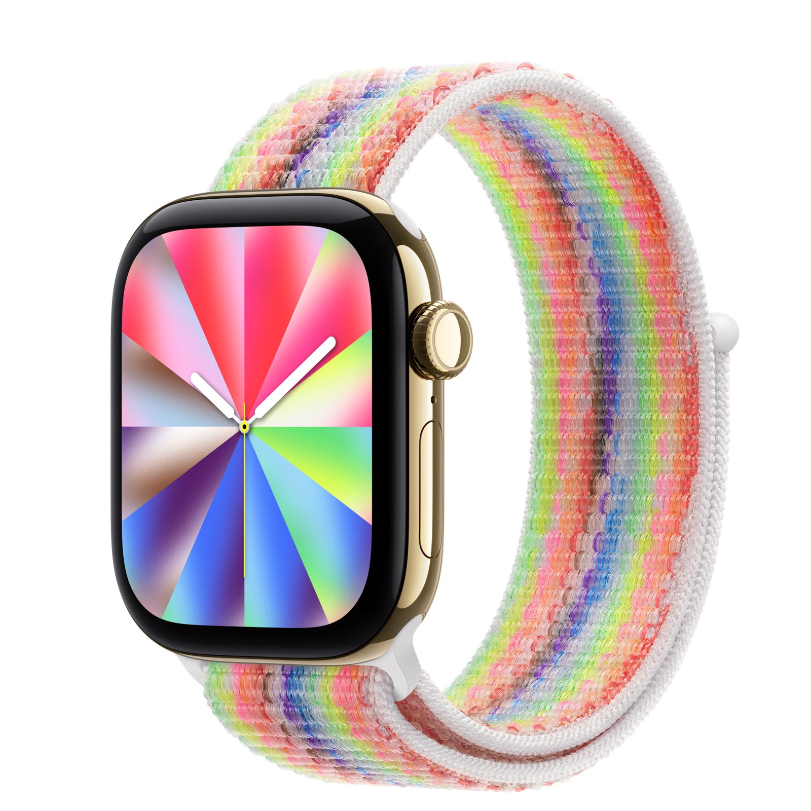 Apple Watch Series 12 (GPS + Cellular) • Titanboett skinande guld, 42 mm • Sportloop Pride Edition