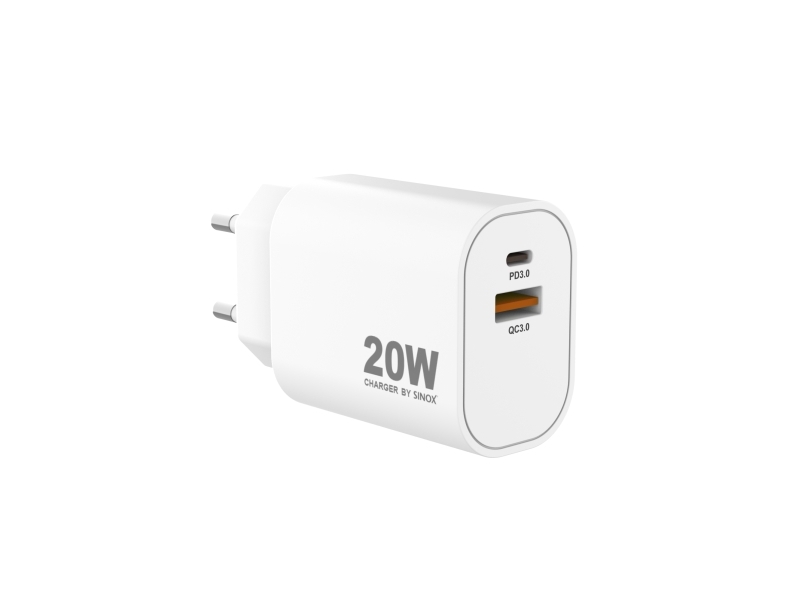 Sinox PRO 230V USB-A + USB-C-laddare 20W. Vit