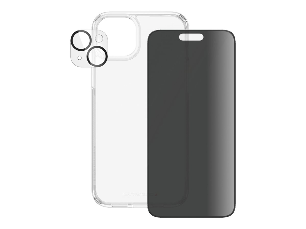 PanzerGlass - 3-i-1-paket - skyddskit skärm/objektiv/baksida för mobiltelefon - glas - med sekretessfilter - ramfärg svart - för Apple iPhone 15 Plus