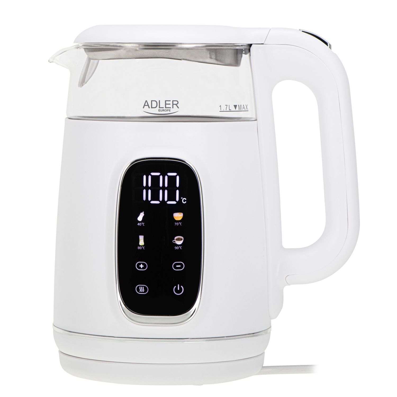 Adler AD 1305WS vattenkokare 2200 W 1,7 l temperaturkontroll, vit/silver