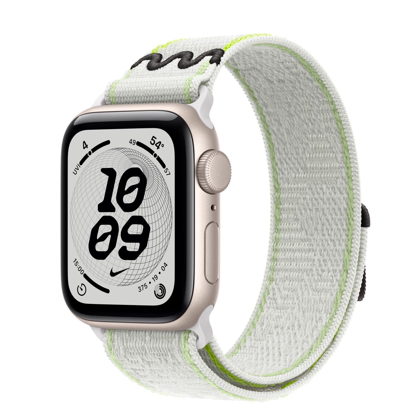 Apple Watch SE 3 (GPS) • Aluminiumboett stjärnglans, 40 mm • Nike-sportloop i Essential White