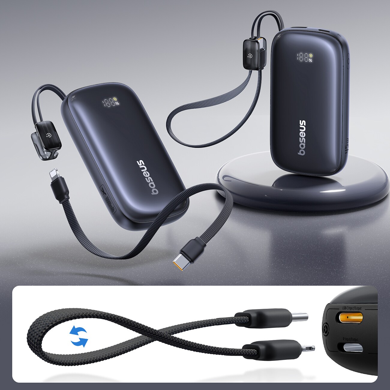 Baseus EnerFill FC21 Qpow 3 Ultra 10000mAh 45W powerbank med integrerad snodd – svart, bild 5