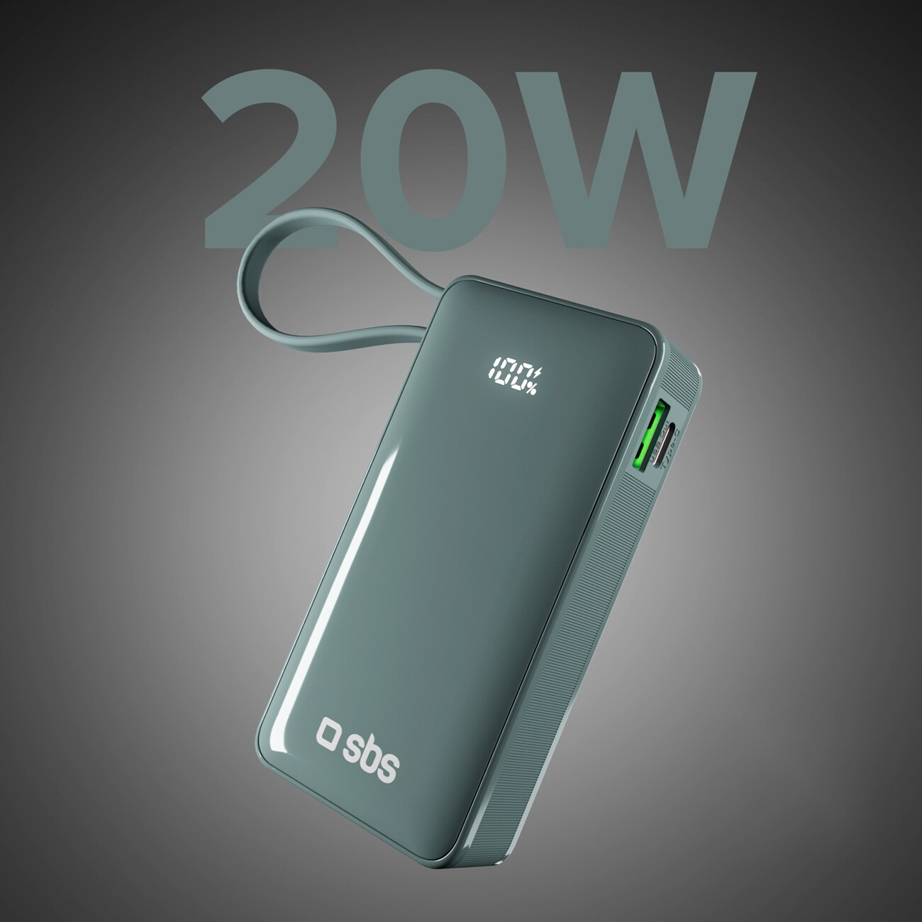 Powerbank SBS 10000 mAh 20W med inbyggd USB-C-kabel och digital display - grå, bild 4