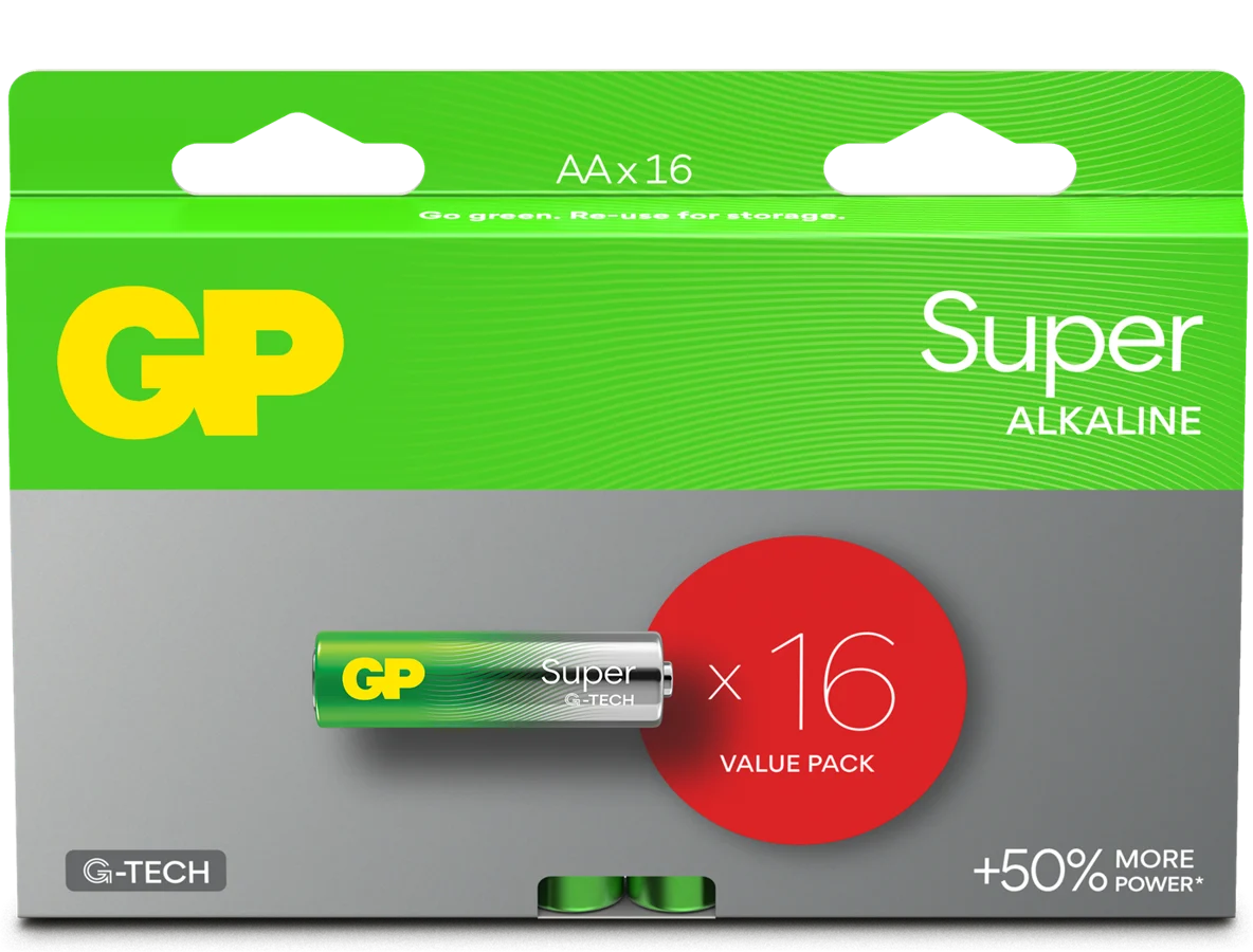 GP Super Alkaline Battery, Size AA, 15A/LR6, 1.5V, 16-pack