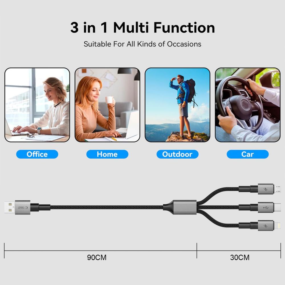 Tech-Protect UltraBoost DNA 3in1 USB-C / Micro-USB / Lightning-kabel 120 cm - grå, bild 4