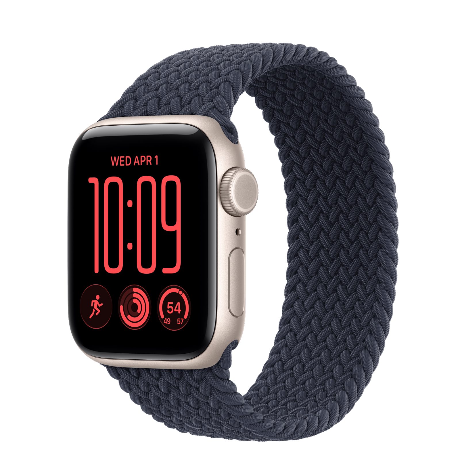 Apple Watch SE 3 (GPS + Cellular) • Aluminiumboett stjärnglans, 40 mm • Flätad sololoop marinblå