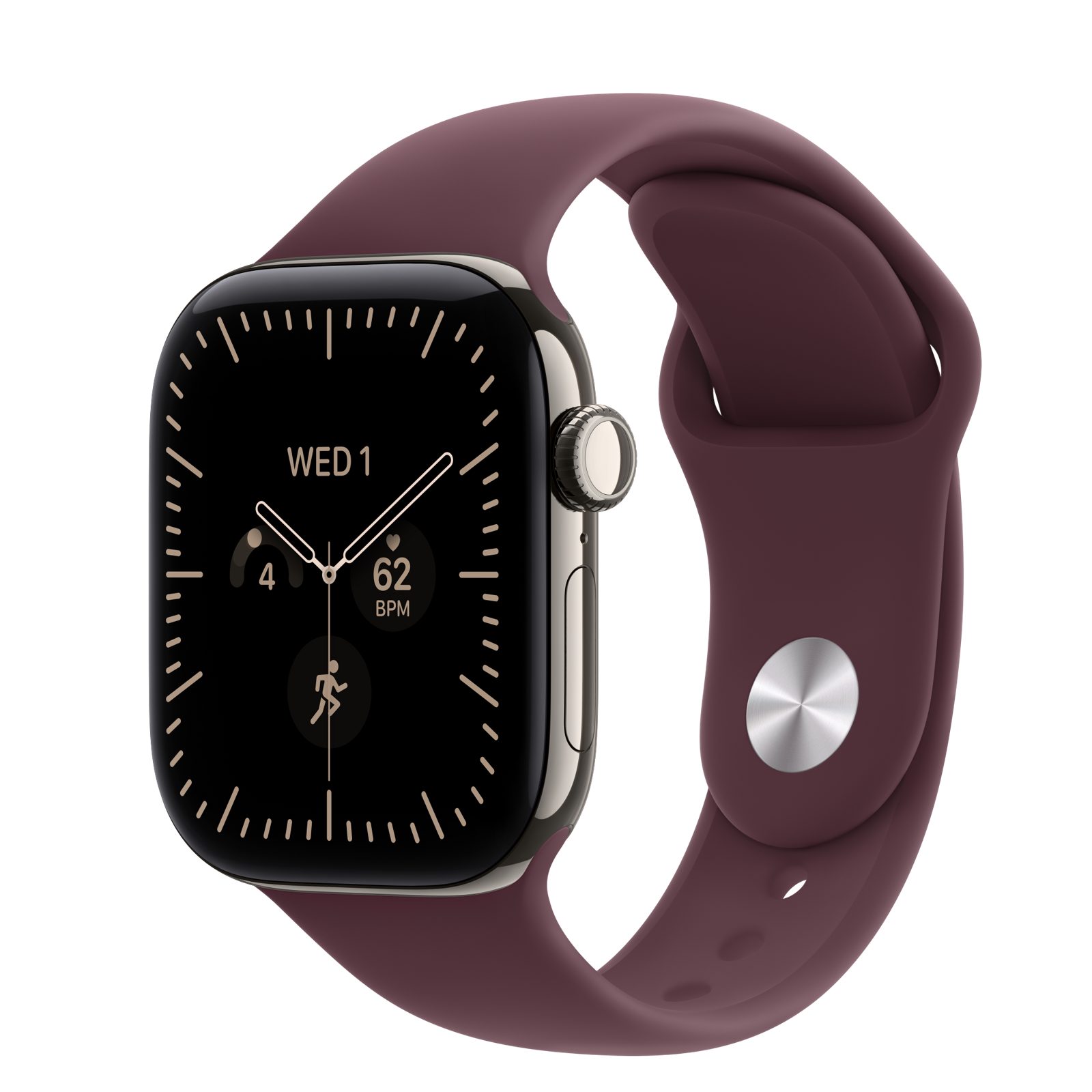 Apple Watch Series 12 (GPS + Cellular) • Titanboett naturlig, 42 mm • Sportband bourgogne
