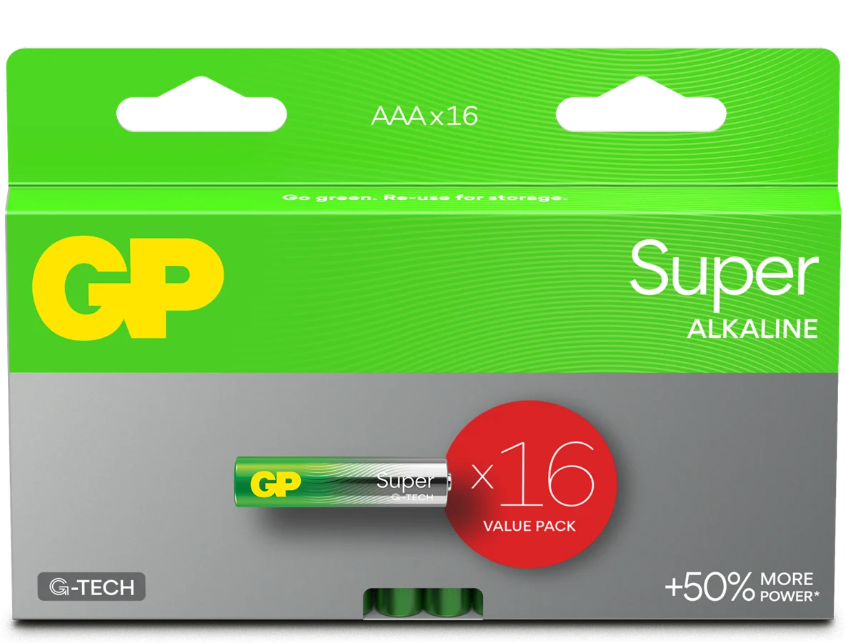 GP Super Alkaline Battery, Size AAA, 24A/LR03, 1.5V, 16-pack