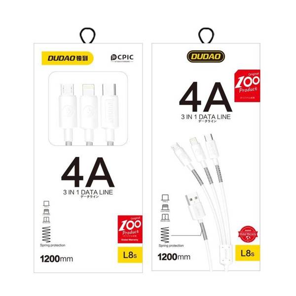 Dudao L8s uppgraderingskabel USB-A till Lightning/USB Micro/USB-C 3-i-1 1,2 m vit
