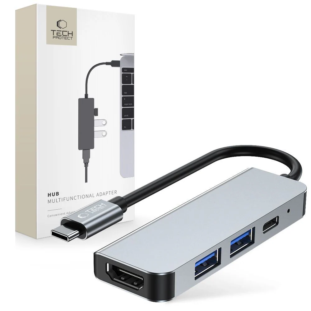 HUB Tech-Protect V2 4in1 USB-C - USB-A 3.0 / USB-A 2.0 / USB-C / HDMI - grå