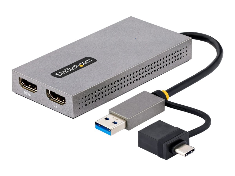 Startech USB to Dual HDMI Adapter, USB A/C to 2x HDMI Monitors (1x 4K 30Hz, 1x 1080p), Integrated USB-A to C Dongle, 4in/11cm Cable, Windows & macOS - USB 3.0 to HDMI Multi-Monitor Display Adapter for Laptop (107B-USB-HDMI) - Videokort - USB typ A, USB-C hane till 2 x 19 pin HDMI Type A hona - grå - stöd för 4K