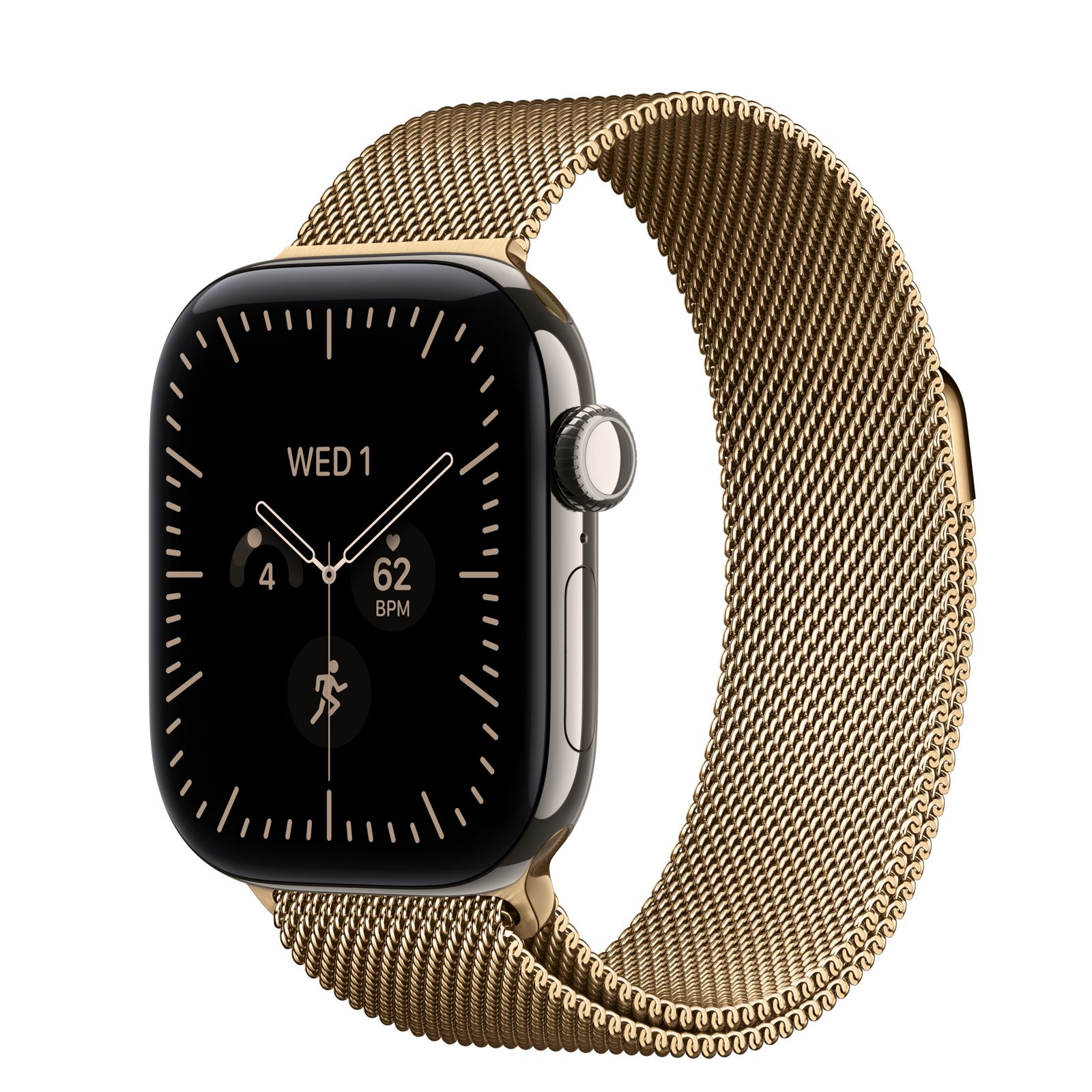 Apple Watch Series 12 (GPS + Cellular) • Titanboett naturlig, 42 mm • Milanesisk loop skinande guld