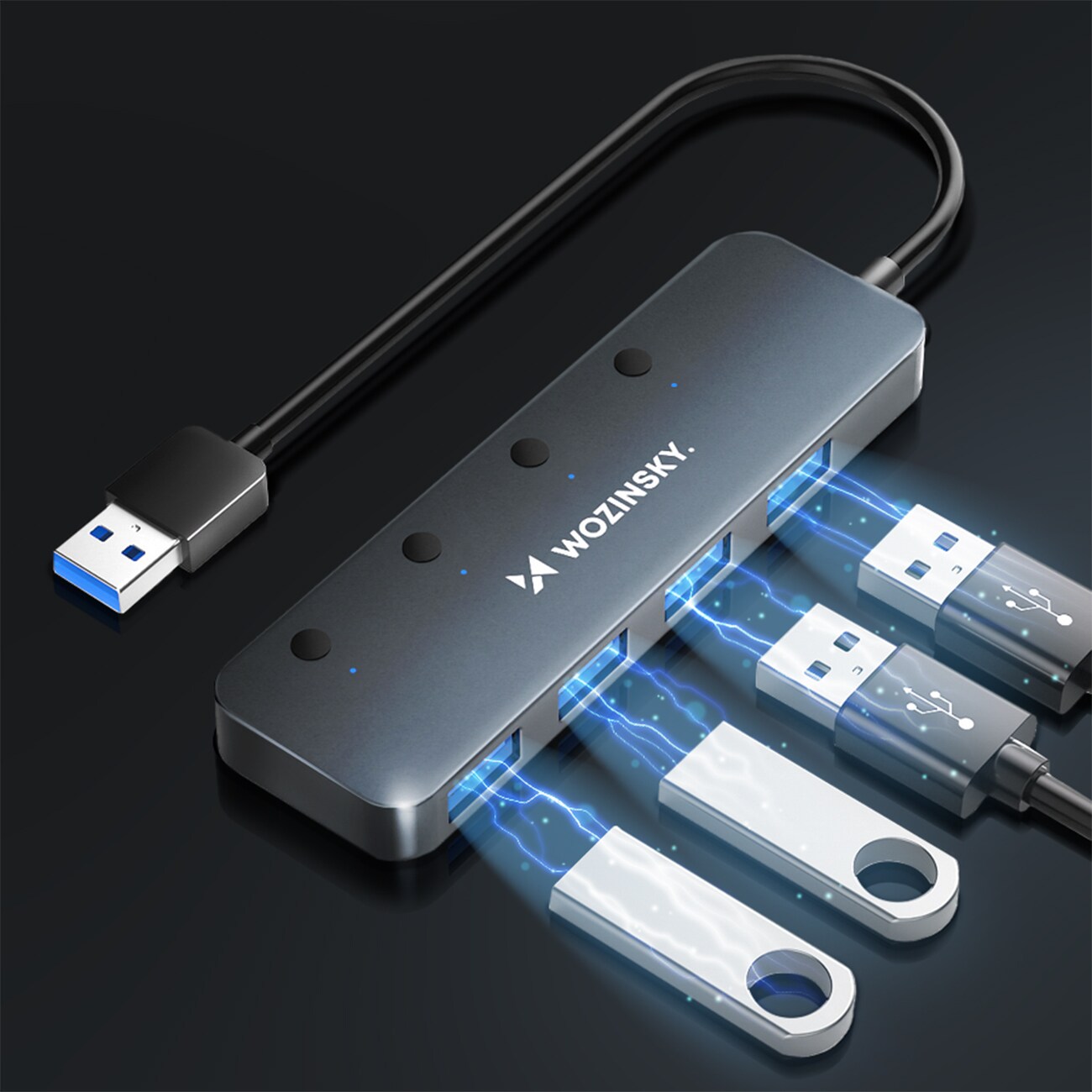 USB-A-hubb Wozinsky WHS080YSS 4 x USB-A 3.0 med switchar, aluminium, 30 cm kabel - grå, bild 3