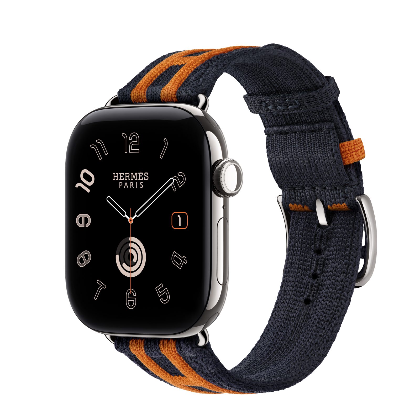 Apple Watch Hermès Series 12 (GPS + Cellular) • Titanboett silver, 42 mm • Rocabar Club i Bleu Nuit/Orange