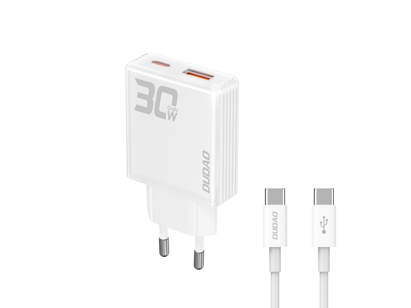 Dudao GaN-nätladdare A30EUT 30W USB-A / USB-C + USB-C till USB-C-kabel vit