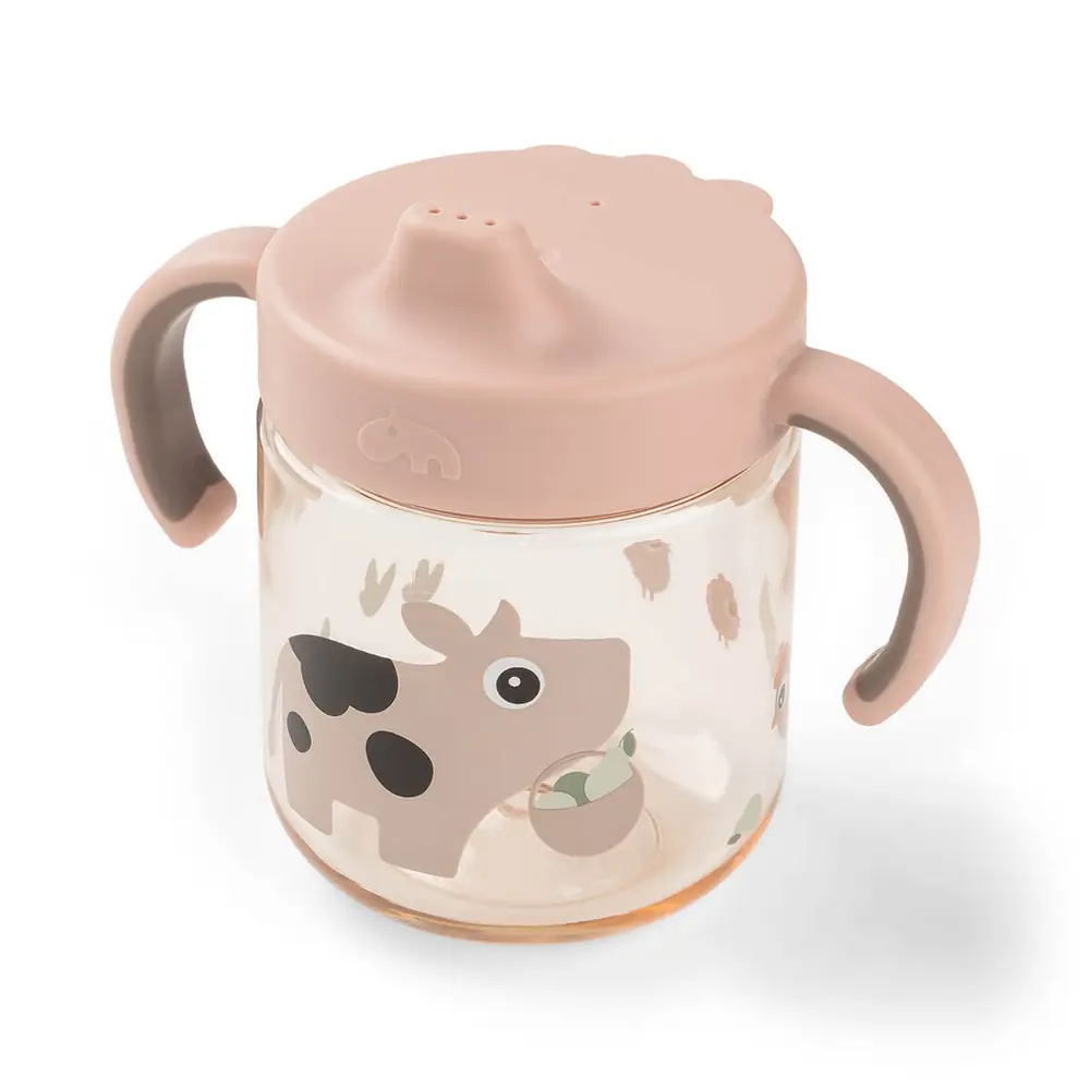 Done by Deer - Learning spout cup 2-handle Tiny farm - Powder - Ø 7,5 x H 11 cm
