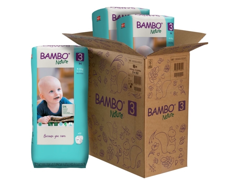 Babyblöja, tejpblöja, miljömärkt, Bambo Nature, 3-pack, hög förpackning, 4-8 kg - (3 förpackningar x 52 st. kartong)