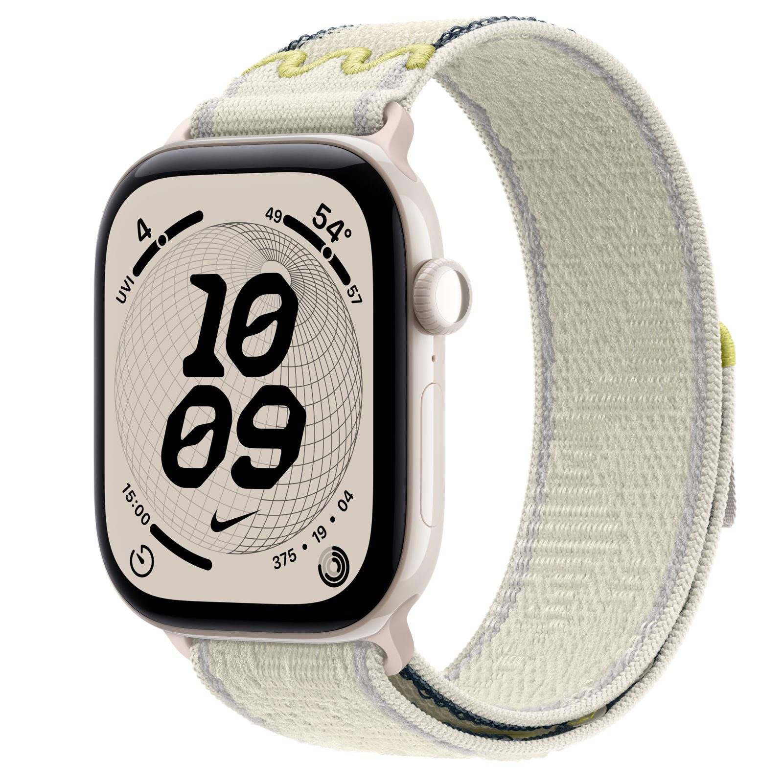 Apple Watch Series 12 (GPS + Cellular) • Keramikboett pärlvit, 46 mm • Nike-sportloop i Chalk Calm
