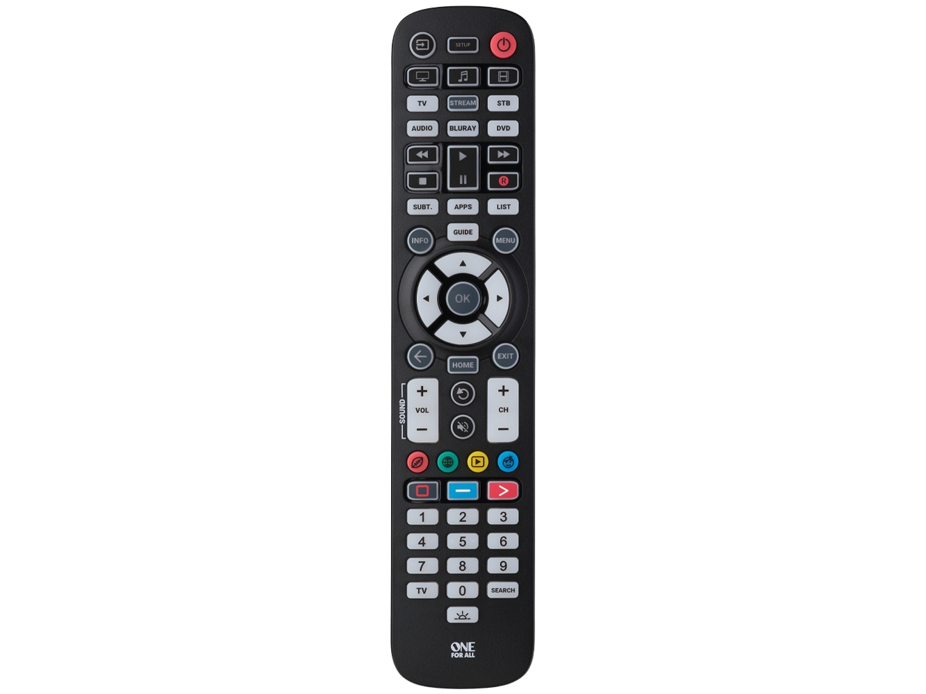 One For All Essential 6, DVD/Blu-ray, IPTV, Ljudlimpa, TV, IR trådlös, Tryckknappar, Svart