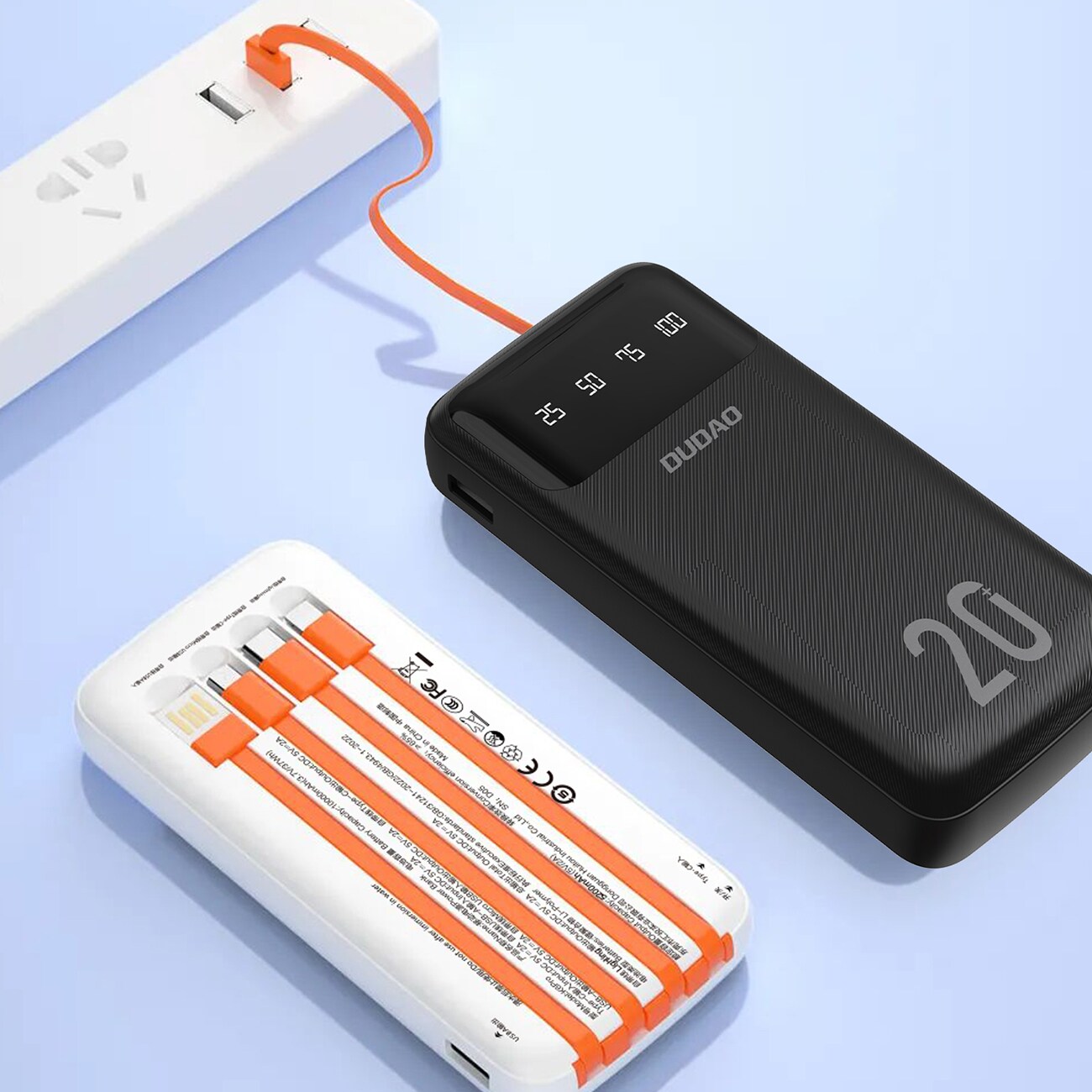 Dudao K6Pro+ 20000mAh powerbank med 3 kablar: USB Type C, micro USB, Lightning, vit, bild 3