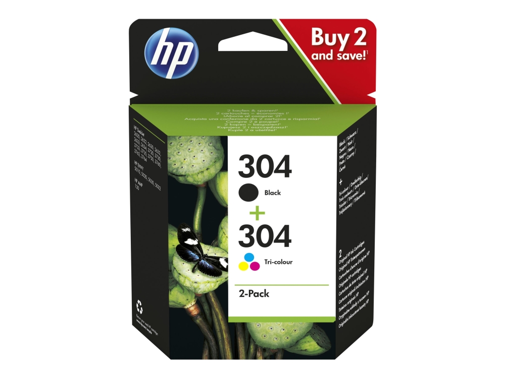 HP 304 2-pack, svart/färgpatron 3jb05ae