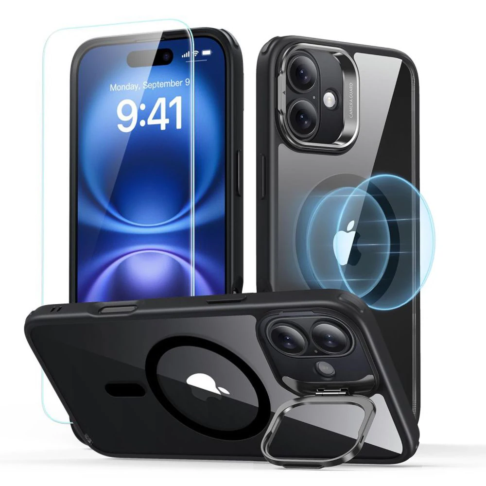 ESR Classic Hybrid Kickstand Halolock MagSafe iPhone 16 Plus + skärmskydd i härdat glas - Svart