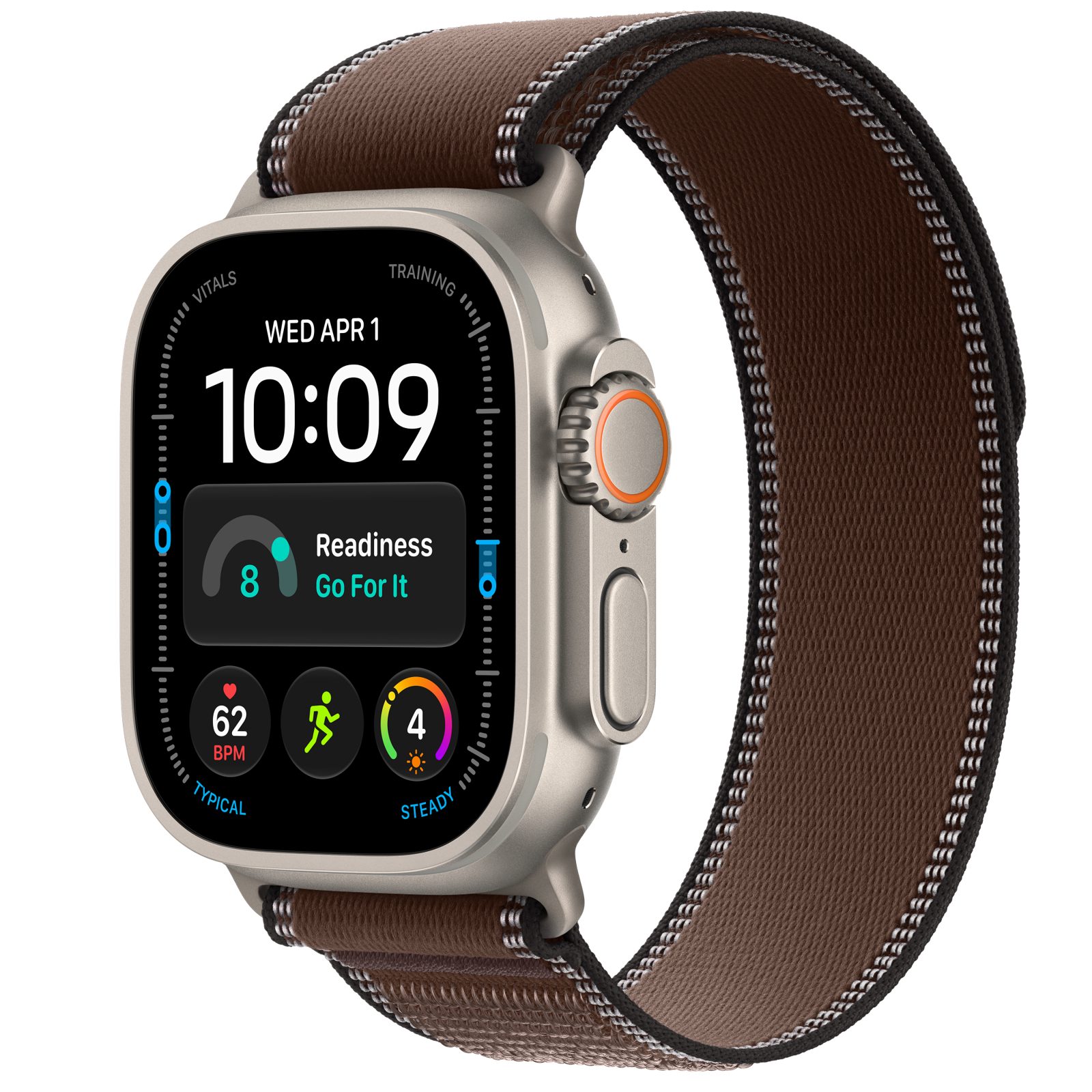 Apple Watch Ultra 4 (GPS + Cellular) • Titanboett naturlig, 49 mm • Terrängloop mörk umbra