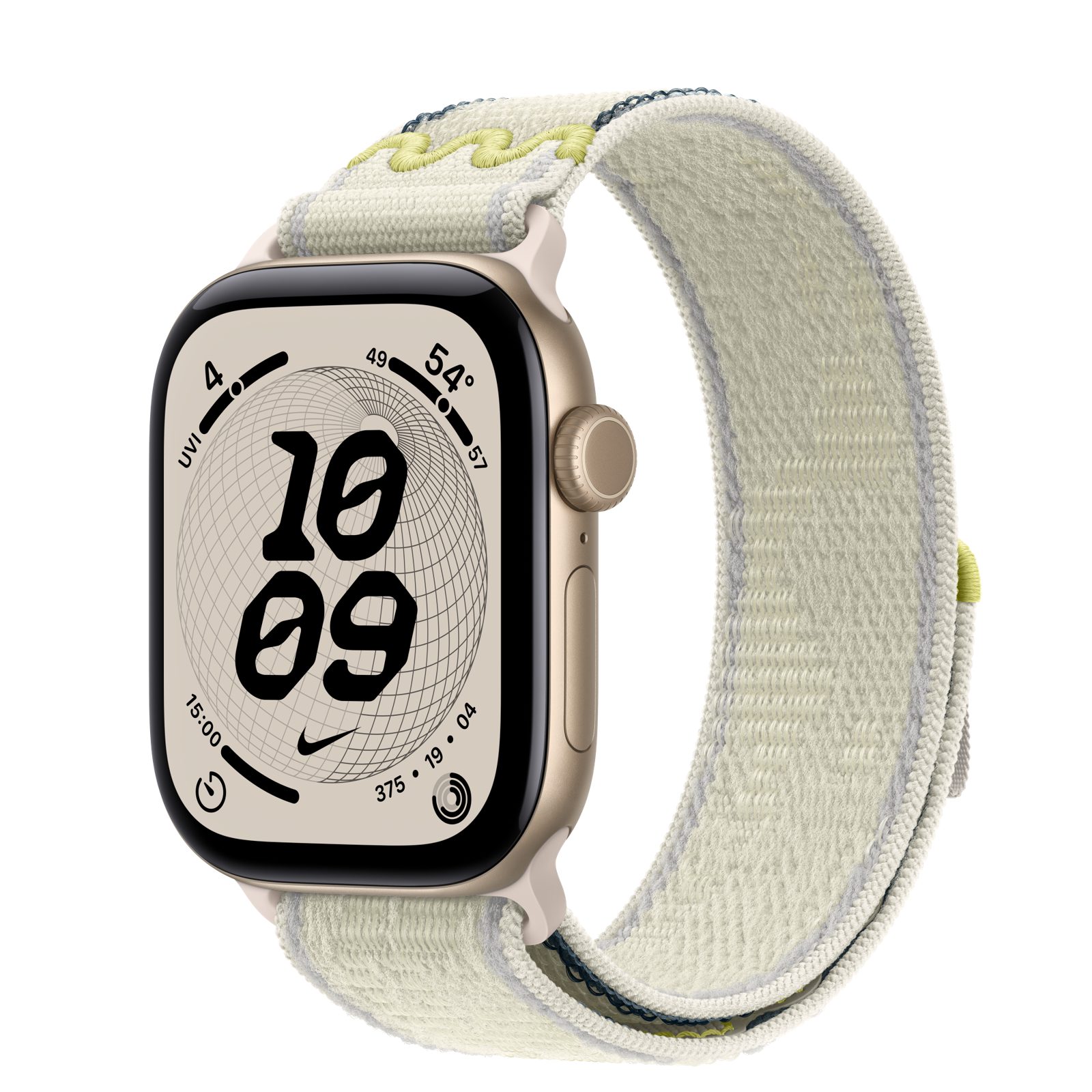 Apple Watch Series 12 (GPS) • Aluminiumboett ljust guld, 42 mm • Nike-sportloop i Chalk Calm