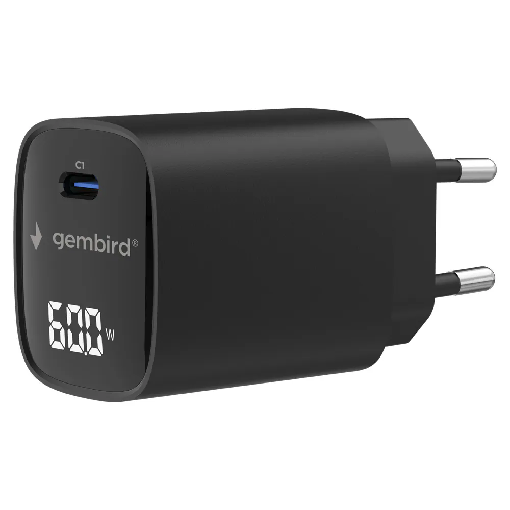 Gembird TA-UC-1C-PD60LCD-01-BK USB-C-laddare 60 W PD 3.2 LCD, svart