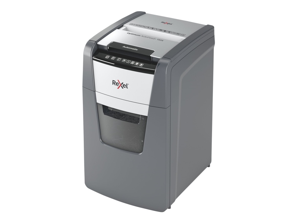 Rexel Optimum AutoFeed+ 150X automatisk dokumentförstörare med korsskärning, 150 ark, 44 L
