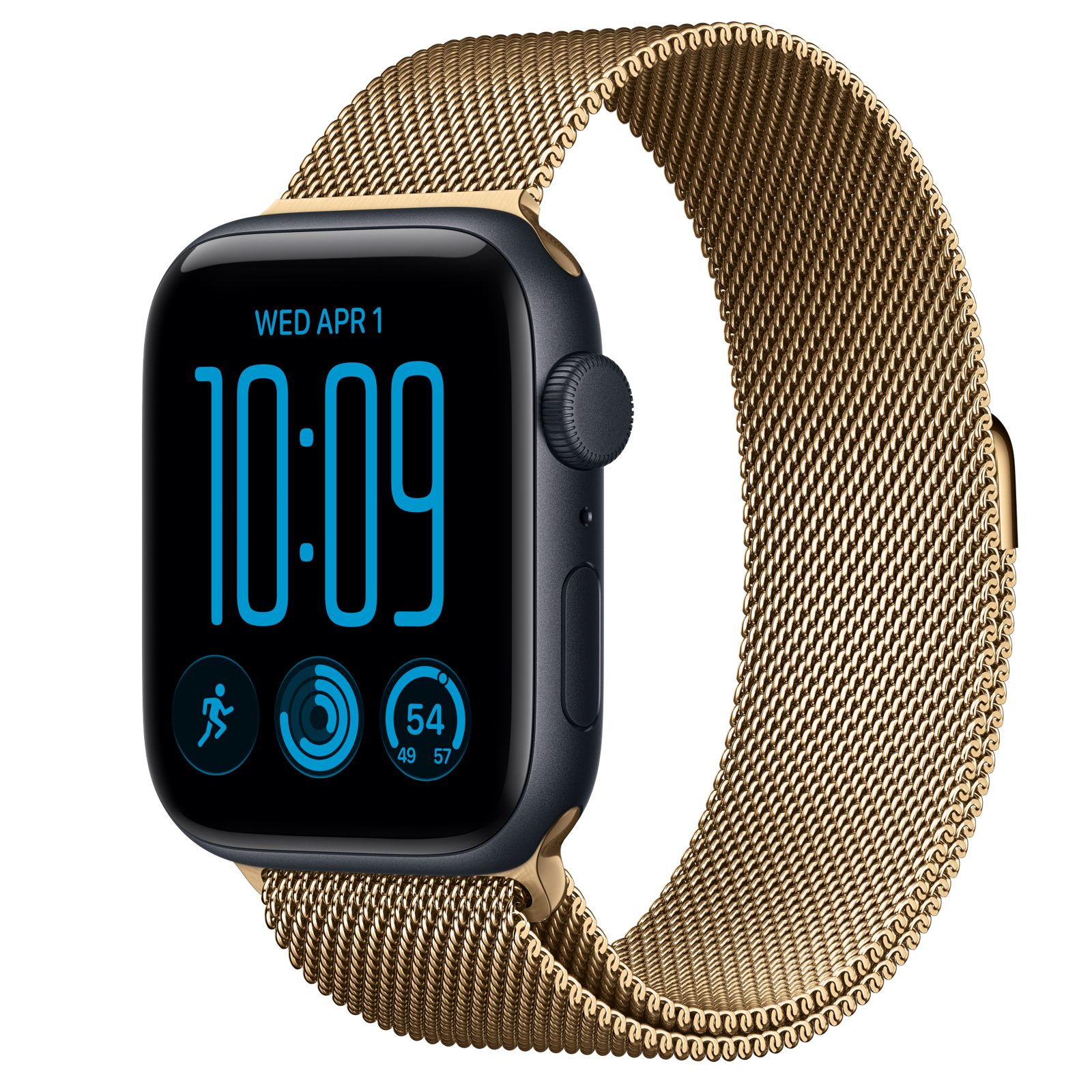 Apple Watch SE 3 (GPS) • Aluminiumboett midnatt, 44 mm • Milanesisk loop skinande guld