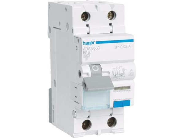 HAGER Kombinationsbrytare C 16A, 1 pol + nollC-karaktäristik6kA kortslutningskapacitet30mA utlösningsström, 230V AC, 36 mm bred
