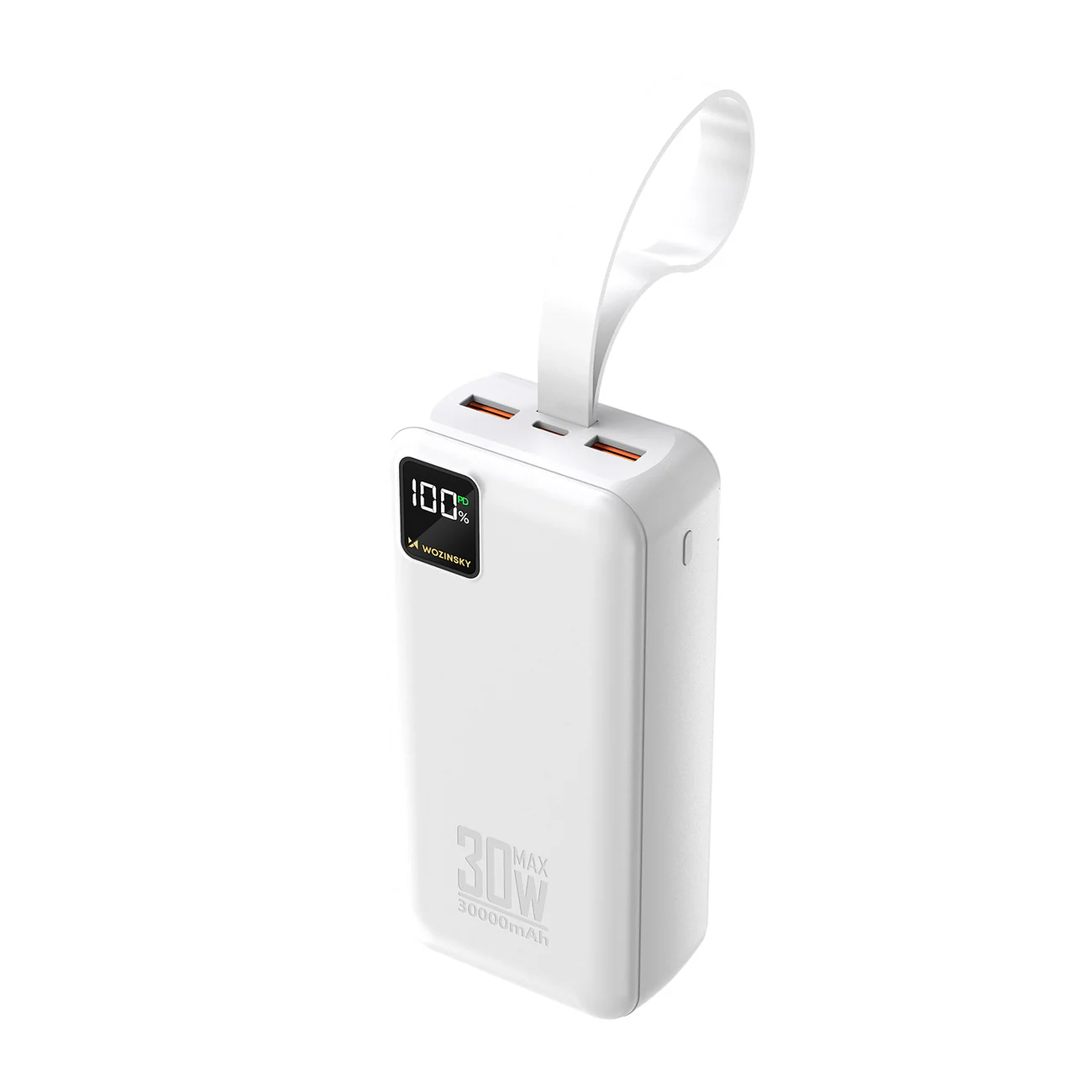 Wozinsky W8-W 30 000 mAh 30 W powerbank med 2 USB-A- och USB-C-portar samt ficklampa – vit