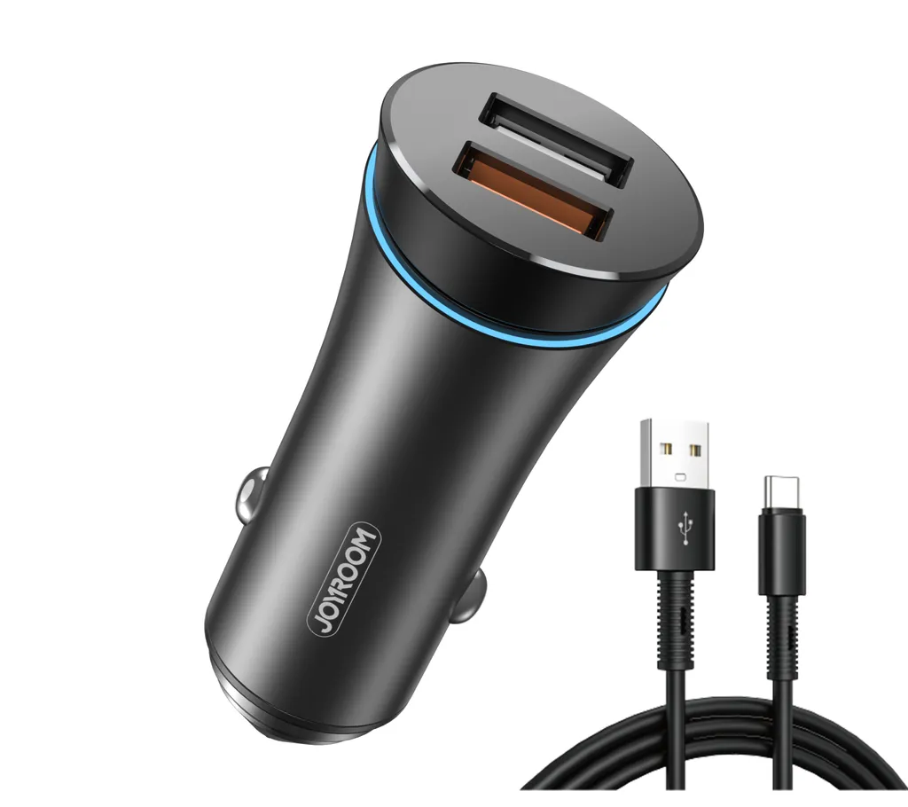 Joyroom 30W Dual-Port billaddare QC3.0 med USB-A till USB-C-kabel – Svart