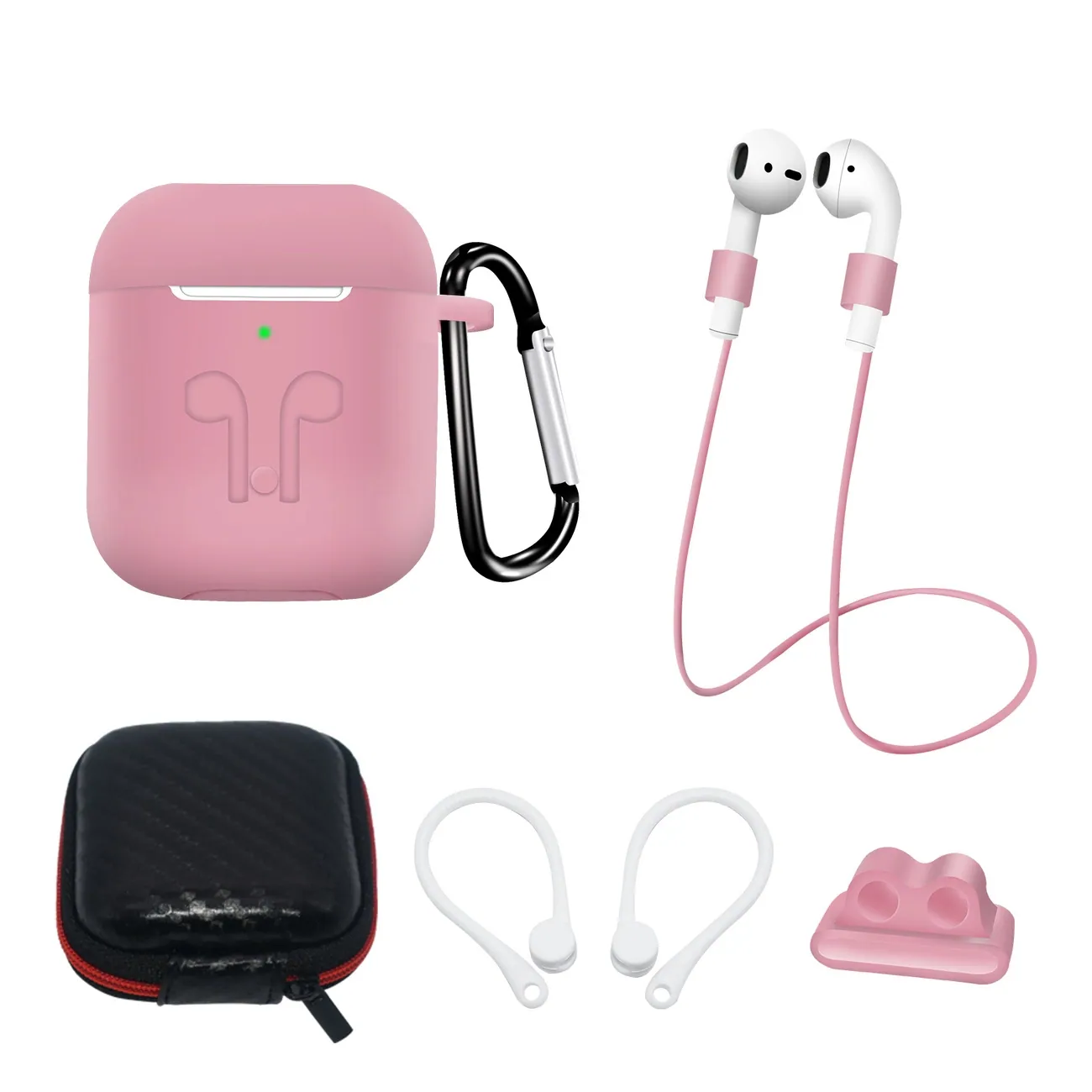 AirPods 2/1 silikonfodral + fodral/öronkrok/halsrem/klockarmbandshållare/karbinhake - rosa