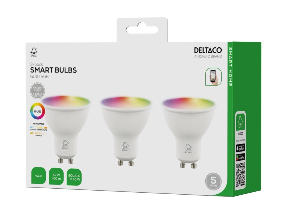 Deltaco Smarta LED lampor, GU10, RGB, WiFi, 4.7W, 3-pack