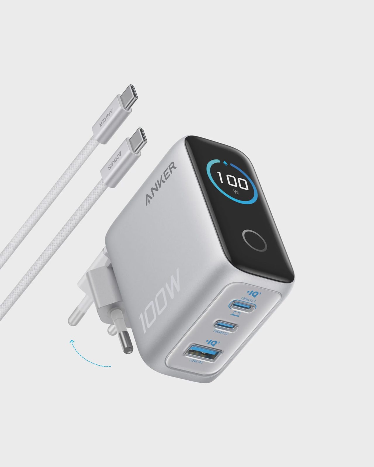Anker B121BG41 väggladdare 100W 2x USB-C 1x USB-A + USB-C-kabel, silver