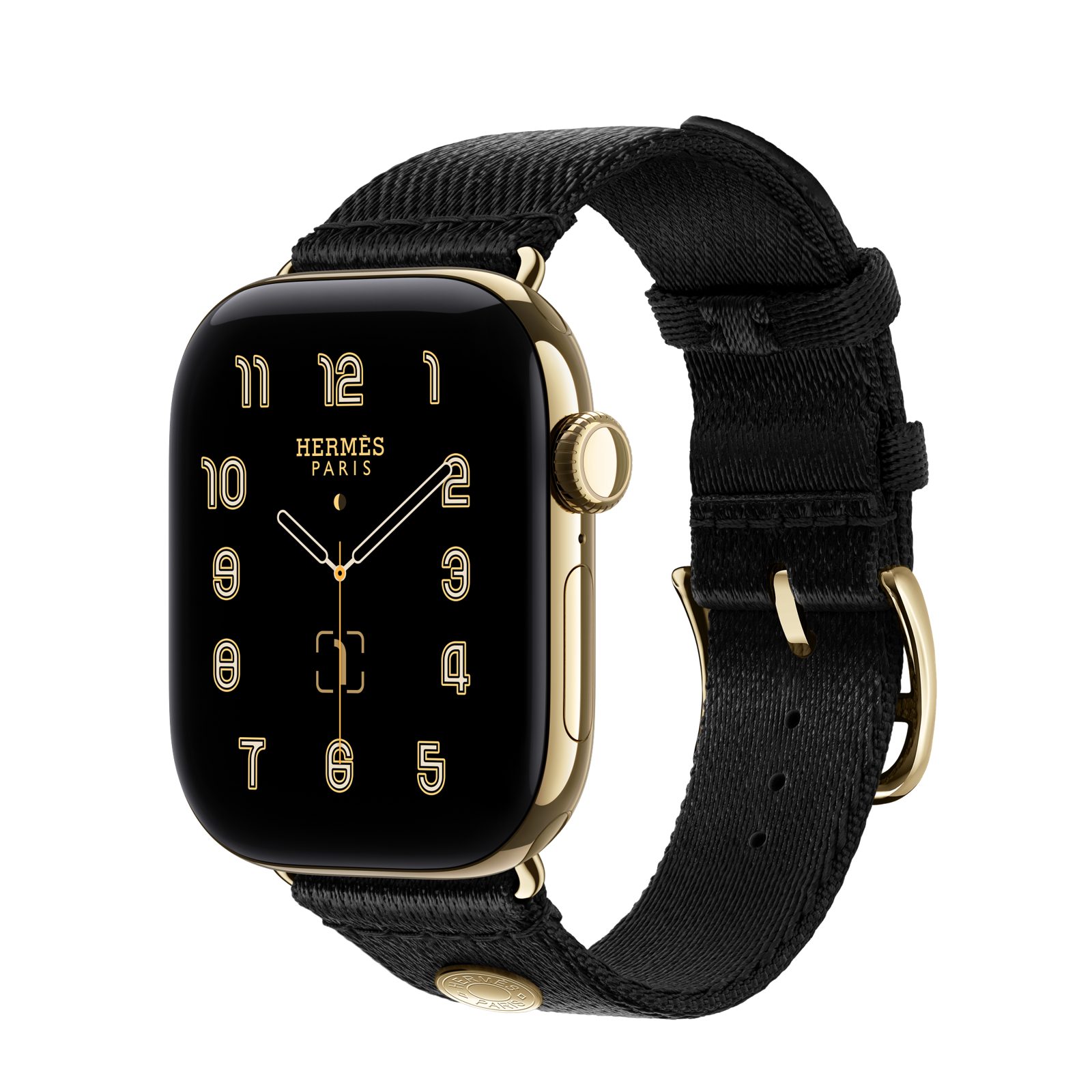 Apple Watch Hermès Series 12 (GPS + Cellular) • Titanboett skinande guld, 42 mm • Satin Clou de Selle i Noir
