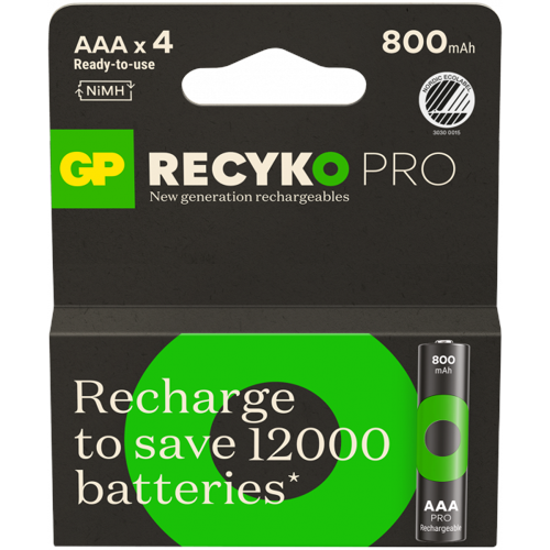 GP ReCyko Pro Rechargeable Battery, Size AAA, 800 mAh, 4-pack