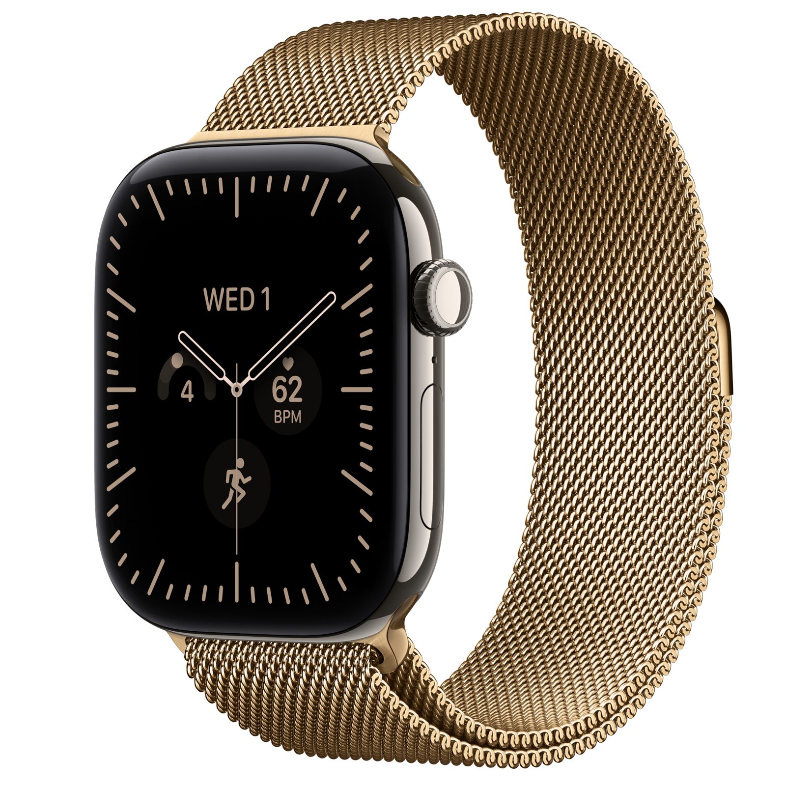 Apple Watch Series 12 (GPS + Cellular) • Titanboett naturlig, 46 mm • Milanesisk loop skinande guld